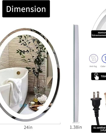 Large Oval Bathroom Mirror with Lights LED Lighted Bathroom Vanity Mirror 32 x 24 Inch Wall Mounted Vanity Mirror with 3 Color Lights Anti-Fog Waterproof & Smart Plug-in Mirror for Wall