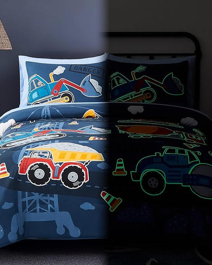 Full Size Comforter Set for Boys-7 Pieces Truck Tractor Excavator Glow in The Dark Full Bedding Sets for Kids, Ultra Soft Bed in A Bag with Sheets