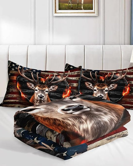 Deer Bedding Sets for Kids Boys Girls Room Decor,Hunting Themed American Flag Bedding Comforter Sets,Western Comforter Sets Camo King Bedding Set with 2 Pillowcases.