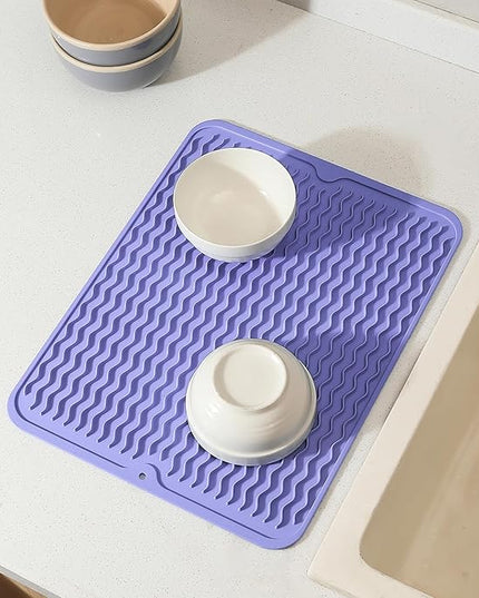 Silicone Dish Drying Mat for Multiple Usage,Easy clean,Eco-friendly,Heat-resistant Silicone Mat for Kitchen Counter or Sink,Refrigerator or drawer liner Light Purple L 16 inches x 12 inches
