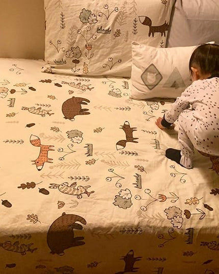 Houseri Beige Bear Comforter Set Queen Teen Girls Woodland Kawaii Fox Rabbit Cartoon Bedding Sets Full Size Boys Animal Patterned Comforter Comfy Soft Forest Theme Dorm Bed Quilt Blanket Full 3 PCS