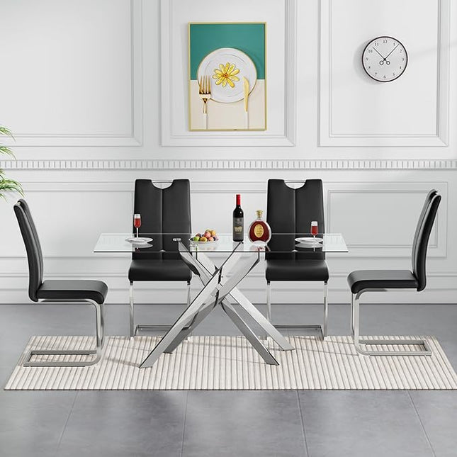 HomVent 5 Pieces Rectangular Glass Dining Table Set, Glass Kitchen Table Set for 4 Dinner Table Set with 4 PU Dining Chairs for Kitchen Dining Room