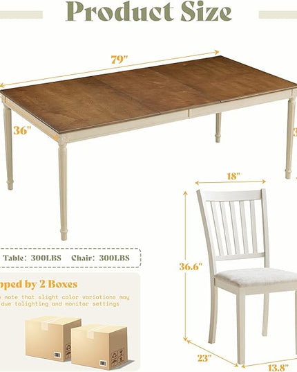 AMERLIFE 9-Piece Farmhouse Solid Wood Dining Table Set with 8 Upholstered Chairs, Roman Conical Legs, Seats up to 8, 79'' Dining Table & Chairs Set for Kitchen and Dining Room, Rustic Cream