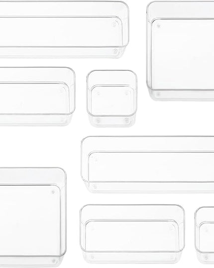 primebox Eight Piecs. Plastic Clear Drawer Organizers for Bathroom, Kitchen, Bedroom, Office Organizer Bins, Storage Trays. Heavy Duty, Stackable 4 Sizes