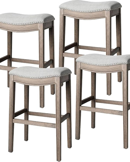 Maven Lane Adrien Backless Bar Stool – Set of 4 – 31 Inch Saddle Seat with Footrest – Grey Solid Wood Frame & Grey Fabric Upholstery – Ideal for Bars, Pub Tables & Tall Kitchen Counters