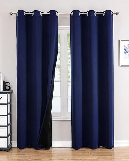 ChrisDowa 100% Blackout Curtains 72 inch Long for Bedroom with Black Liner, 2 Thick Layers Total Blackout Thermal Insulated Grommet Window Curtains 2 Panels Set (Navy Blue, 42 x 72 Inch)