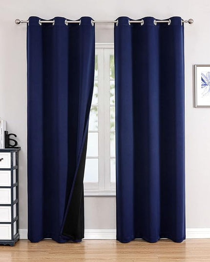 ChrisDowa 100% Blackout Curtains for Bedroom with Black Liner, 2 Thick Layers Total Blackout Thermal Insulated Grommet Window Curtains 2 Panels Set (Navy Blue, 42 x 84 Inch)