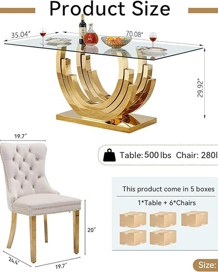 Henf 7-Piece Glass Dining Table Set with 6 Upholstered Dining Chairs, Large Gold Dining Table and Chair Set for 6, Modern Kitchen Table Furniture for Dining Room, Stainless Steel Base and Glass Top