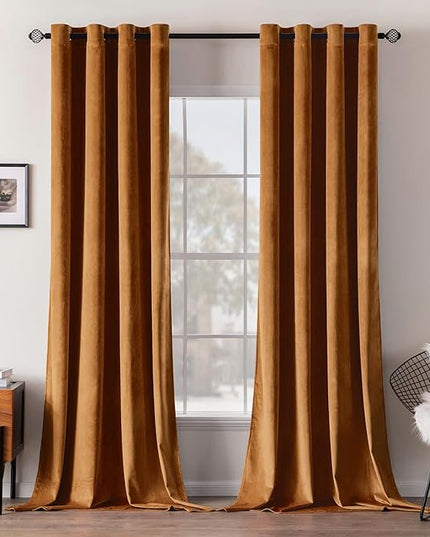 MIULEE Velvet Curtains Gold Brown Elegant Grommet Curtains Thermal Insulated Soundproof Room Darkening Curtains/Drapes for Fall Living Room Bedroom Decor 52 x 90 Inch Set of 2, Pumpkin Brown