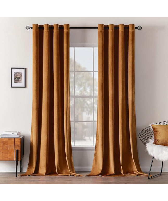 MIULEE Velvet Curtains Gold Brown Elegant Grommet Curtains Thermal Insulated Soundproof Room Darkening Black Out Drapes for Fall Living Room Bedroom Decor 52 x 108 Inch Set of 2, Pumpkin Brown