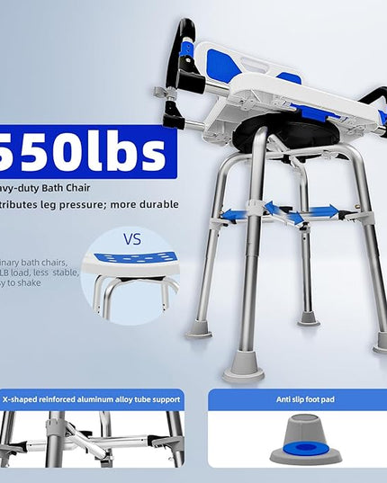 Swive Shower Chair with Arms and Back Heavy Duty 500 lbs for Seniors Elderly Disabled or Bariatric Adults Bench Seat for Inside Shower Stall and Bathroom Bath Tub Seats Adjustable Stool