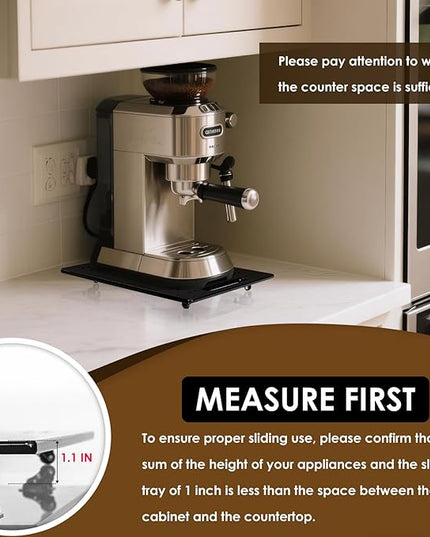360° Sliding Tray for Coffee Maker & Kitchen Appliances - Silent Rubber Wheels, Acrylic Organizer Tray for Under Cabinet - Space Saving Countertop Accessory, 13x14 Inch (Black)