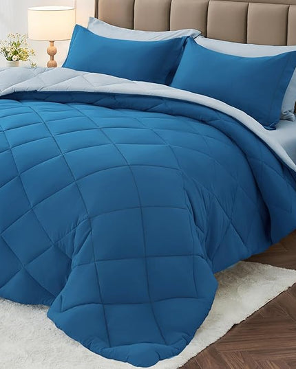 MUXHOMO 7 Pieces California King Comforter Set, Reversible Bed in a Bag Cal King Size, All Season Bedding Set with Comforter, Flat Sheet, Fitted Sheet, Pillowcases & Shams, Teal & Lake Blue