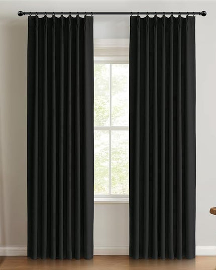 100% Blackout Shield Linen Look Textured Pinch Pleated Curtains Blackout Drapes 102 Inch Long 2 Panels Set, Faux Linen Blackout Curtains for Bedroom & Living Room, 40" W x 102" L, Black