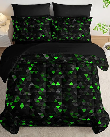 Geometric Green Black Triangle King Size Comforter Set,Light Honeycomb Bedding Set 7 Piece in A Bag,Bed Sheet Set Geometry Decor,Microfiber Lightweight All Season