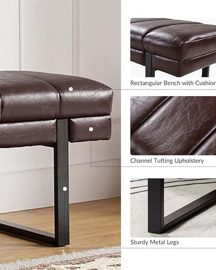 HULALA HOME 53" Faux Leather Entryway Bench, Button Tufted End of Bed Bench Ottoman for Bedroom, Living Room with Metal Base,Brown