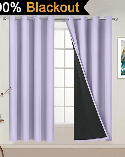 Yakamok 100% Blackout Curtains 54 Inches Long, 2 Thick Layers Thermal Insulated Window Treatment with Black Liner, Heat and Full Light Blocking Drapes for Bedroom(52Wx54L, Lilac, 2 Panels)