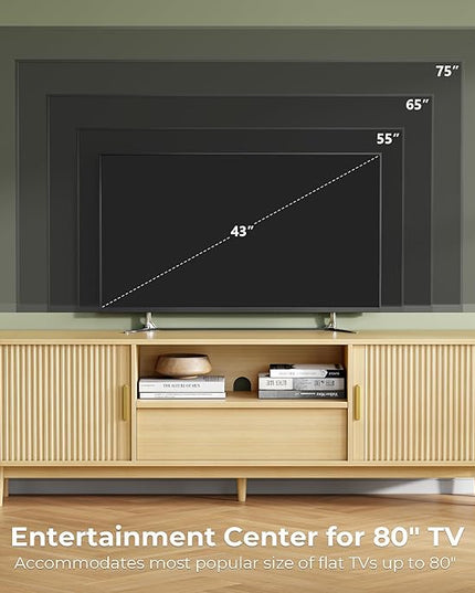 IRONCK Modern Fluted TV Stand for TVs Up to 80 inches, 69" Entertainment Center with Storage Drawer, TV Console with Sliding Doors and Adjustable Shelves, Media Console for Living Room Bedroom, Oak