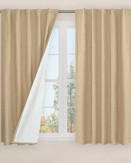 LAMIT Natural 100% Blackout Linen Curtains, 54 Inches Linen Textured Thermal Bedroom Curtains Back Tab and Rod Pocket Neutral Panels with White Liner for Farmhouse, 2 Panels, 42 x 54 Inch, Burlap