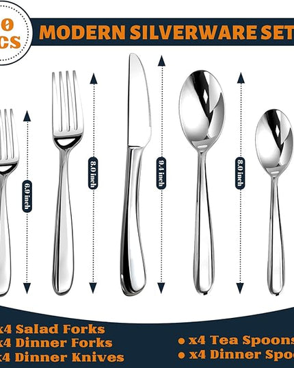 Silverware Set for 4, Heavy Duty Stainless Steel Cutlery Set Flatware Set,20 Piece Premium Silverware, Mirror Polished Modern Cutlery include Fork Knife Spoon Set,Dishwasher Safe