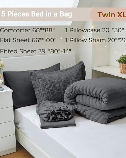 MUXHOMO 5 Pieces Twin XL Comforter Set, Seersucker Bed in a Bag Twin XL Size, All Season Luxury Bedding Set with Comforter, Flat Sheet, Fitted Sheet, Pillowcase & Sham, Dark Grey