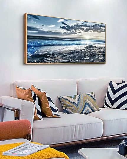 Wapluam Blue Beach Sun Ocean Landscape Wall Paintings Canvas Prints Wall Art For Living Room Large Size Wall Decor For Office Modern Bedroom Wood Framed Wall Decor Pictures Artwork Home Decorations