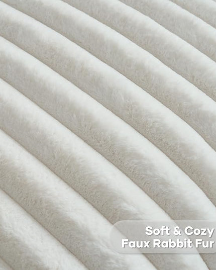FUTEI Cream Throw Pillow Covers Set of 2, 28x28 Inch Striped Texture Euro Pillow Shams with Soft Faux Rabbit Fur Front & Velvet Back, Modern Decorative Couch Pillows for Living Room