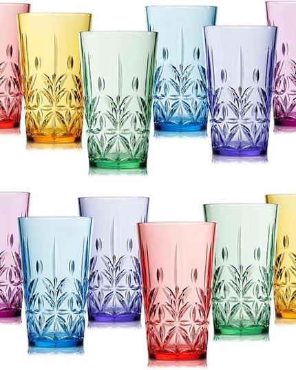 Royal Plastic Drinking Tumbler, Premium Quality Water Glasses, Dishwasher-Safe BPA-Free Durable Mixed Colors Assorted Stackable Cups, 18 oz Set of 12