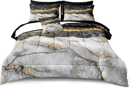 Bedbay Black and Gold Cal King Comforter Set with Sheet 8 Pieces Black Gold Marble Comforter California King Bedding Set Gold Metallic Marble Texture Modern Bed Set (Black Gold,Cal-King)