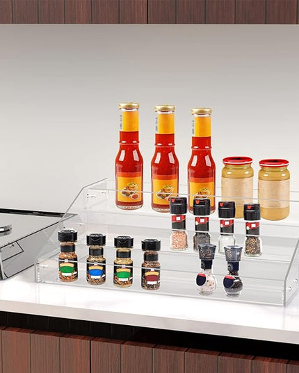 PMMASTO Widen Tiered Spice Rack, Seasoning Organizer, Clear Acrylic Vertical Shelves Can Organizer for Countertop, Cabinet, Pantry, Kitchen Organization and Storage - 3 Tier