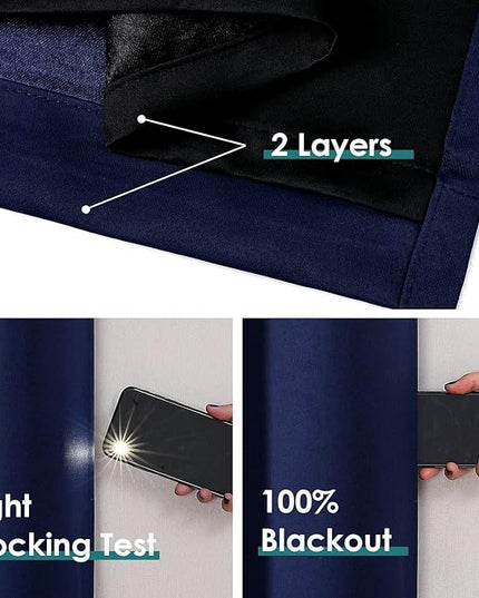 ChrisDowa 100% Blackout Curtains for Bedroom with Black Liner, 2 Thick Layers Total Blackout Thermal Insulated Grommet Window Curtains 2 Panels Set (Navy Blue, 52 x 45 Inch)