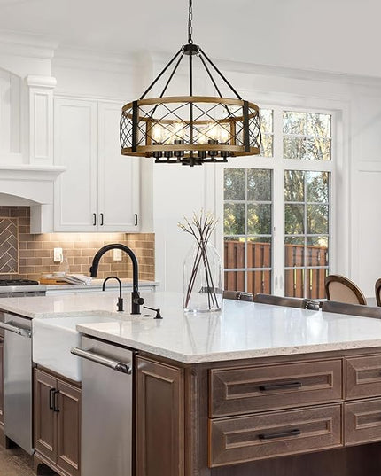 Modern Chandelier for Dining Room, 6-Light Wood Grain Finish Farmhouse Chandelier, 22.5” Rustic Drum Hanging Light Kitchen Island, Round Metal Hanging Light Fixture for Foyer, Entryway, Bedroom