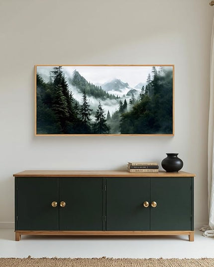HOURIA Boho Forest Mountain Framed Canvas Wall Art Set,Nature Foggy Woodland Ridge Wall Decor,Misty Pine Tree Artwork,Sage Green Botanical Art Prints for Living Room, Bedroom, Farmhouse- 20"×40"×1