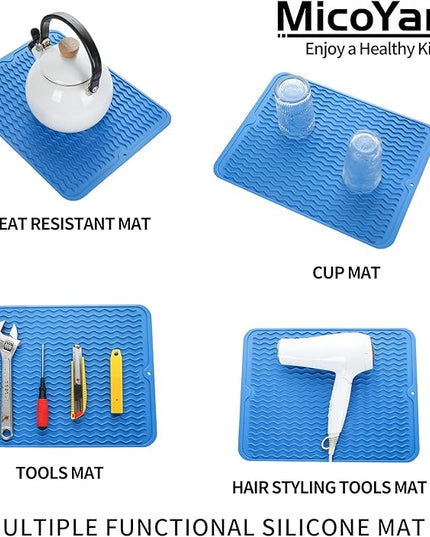 Silicone Dish Drying Mat for Multiple Usage,Easy clean,Eco-friendly,Heat-resistant Silicone Mat for Kitchen Counter or Sink,Refrigerator or Drawer liner Lichen BlueL M 12 inches x 12 inches