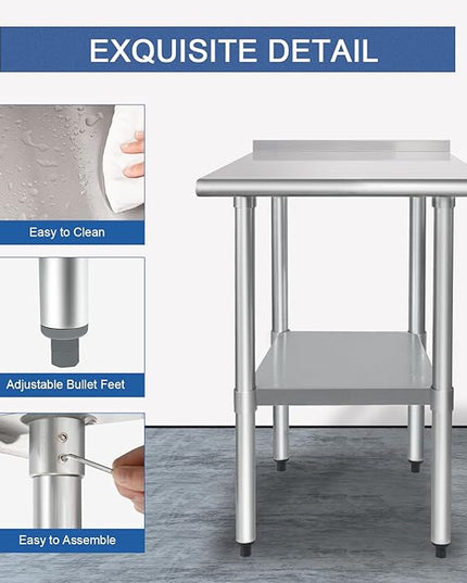 HARDURA Stainless Steel Table Prep Work Table 24 x 24 Inches NSF Heavy Duty Commercial with Undershelf and Backsplash for Food Prep