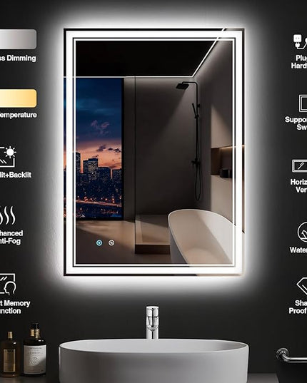 28"x 36" LED Bathroom Mirror with Anti-Fog, Dimmable Backlit + Front Lit, LED Bathroom Vanity Mirror for Wall, Memory Function, Shatter-Proof Glass, ETL Listed(NHYJ7922D)