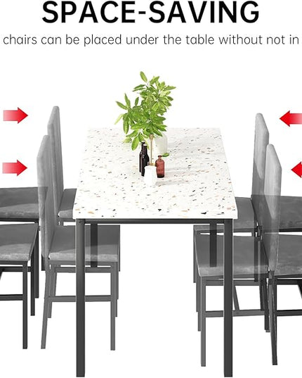 AWQM Dining Table Set for 4, Modern Marble Dining Table Set with 4 Upholstered Velvet Chairs,Dining Room Table Set for Kitchen, Breakfast Nook, Dining Room, Grey