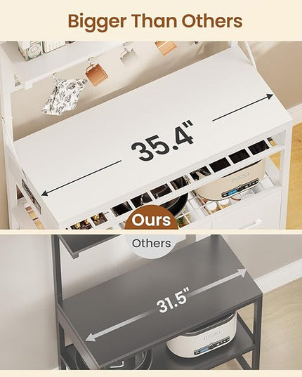 Itaar Bakers Rack with Storage and Power Outlet, 35.4 inch Microwave Stand with Fabric Drawers, Kitchen Coffee Bar Cabinet with Hutch, LED Lights, Wine Rack and Hooks, White