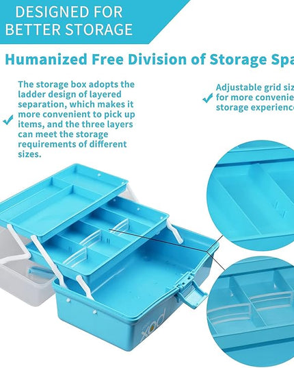 12in 3-Layer Plastic Craft Organizers and Storage, Portable Folding Tackle Box with Handle & Adjustable Dividers, Multipurpose Case for Sewing, Art Supplies, Medicine, Tools (Blue)
