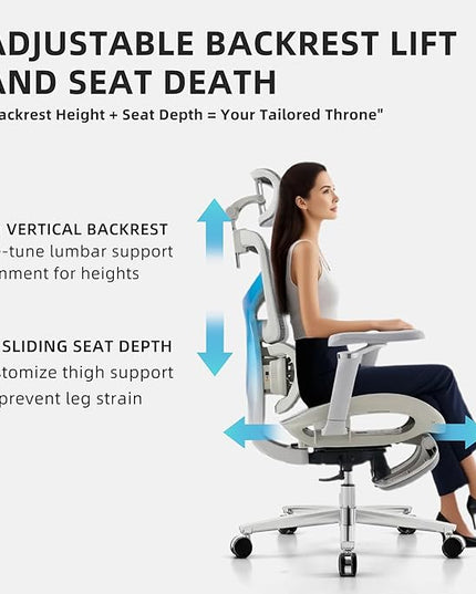 Ergonomic Home Office Desk Chair with Massage Lumbar Support，4D Headrest & 5D Armrests, Reclining Big and Tall 400LBS Mesh Chair with Footrest，Adjustable Back High and Seat Depth(Gray)