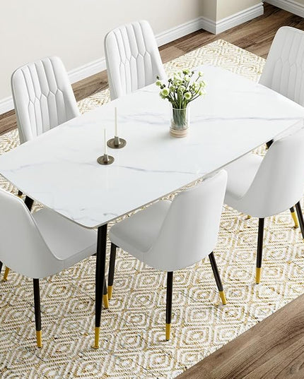 7 Piece Modern Dining Set, 62'' Sintered Stone Dinner Table for 6, 6 Chairs, Easy to Assemble