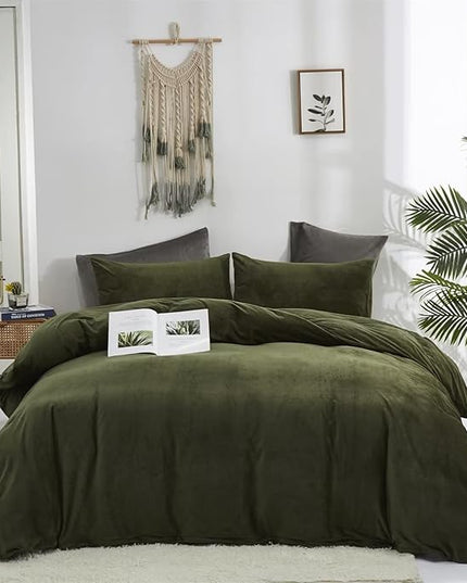 Houseri Olive Green Velvet Comforter Set Queen Fluffy Army Bedding Sets Size Dark Sherpa Puffy Military Bed Flannel Warm Color Blanket Queen(90''*90''-Comforter)