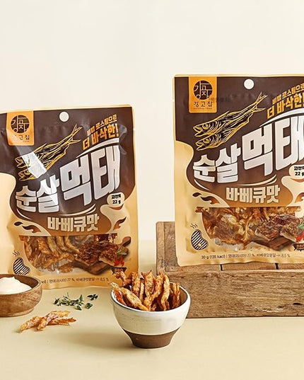 Kanggojip Roasted Boneless Dried Pollack Korean Meoktae, 먹태, BBQ Flavor Seasoning, Bite Sized, Ready to Eat, Great for Parties, Camping, Travel, or as a Snack or Bar Food_1.05oz (30g) x 5ea