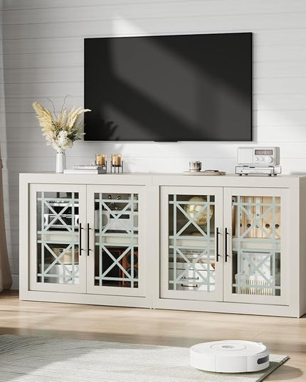 GarveeHome 71" White Buffet Sideboard with Storage, Modern Tall Coffee Bar Cabinet with 4 Glass Doors, Large Kitchen Buffet Table for Dining Room, Living Room, Entryway