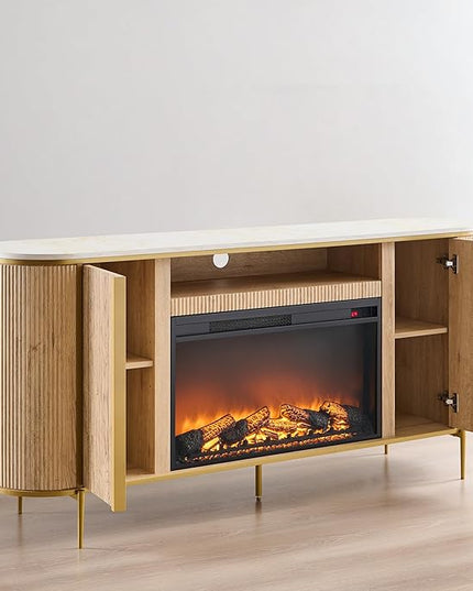 OKD Luxury 70" Fluted Fireplace TV Stand, Modern Chic Entertainment Center for TVs Up to 80 inches, TV Console with Faux Marble Top, Curved Profile Design, Media Console for Living Room, Natural Oak
