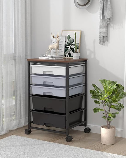 Utility Cart with 5 Drawers,Storage Drawer Cart with Wooden Tabletop and Lockable Wheels,Craft Storage Trolley Cart,5-Tier Rolling Utility Cart on Wheels,Dark Grey