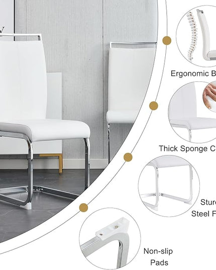 Ebullient Glass Dining Table Set for 6 ，7 Piece Dining Table Set,Tempered Glass Table Top，White Modern Dining Room Table with 6 PU Leather Ergonomic Dining Chairs