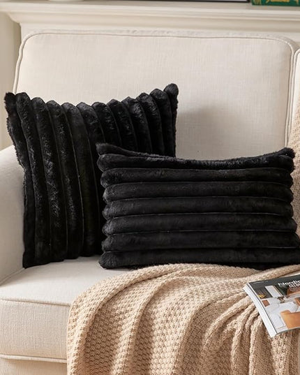 DEELAND Pack of 2,Double-Sided Faux Fur Plush Decorative Throw Pillow Covers Fuzzy Striped Soft Pillowcase Cushion Covers for Sofa Couch Bedroom Black 12x20 inch
