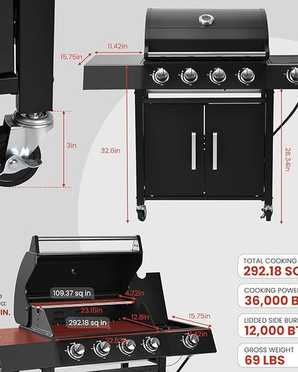 Q043-4-Burner w/Side Burner Gas Grill with 292 SQ.IN. Outdoor Grill with 44,000 BTU,Propane Grills with Top Cover Lid,Grills Outdoor Cooking for Patios,Camping,Balcony,Garden