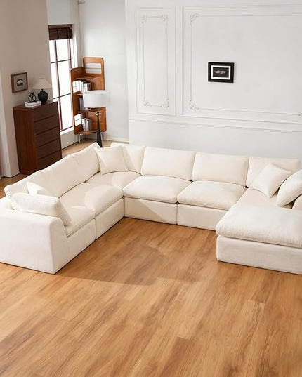 Sectional Couches for Living Room, 139 Inch Oversized Boneless Couch Modern Modular Couch 7 Seater Chenille Corner Sofa with Moveable Ottoman and 3 Throw Pillows, Beige
